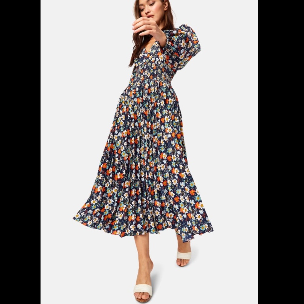 Traffic People Blue and Orange Floral Smocked A-line Maxi/Midi Dress